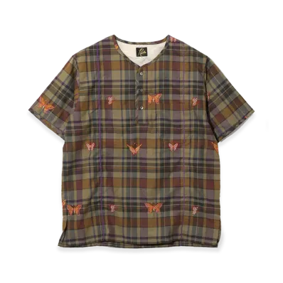 NEEDLES S/S Henry Neck Shirt - Emb MadrasPla "Brown"