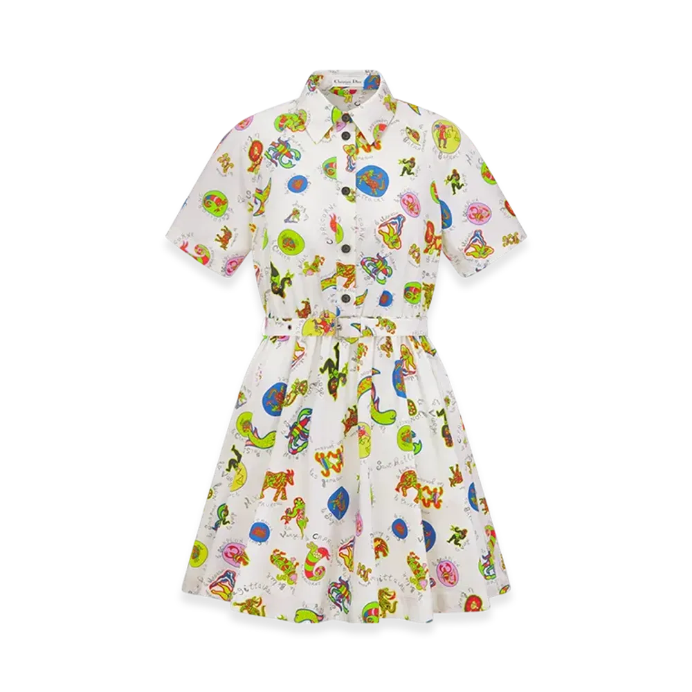 Dior Women's Belted Shirt Dress Silk Twill Dragon Zodiac Motif "White/Multicolor"
