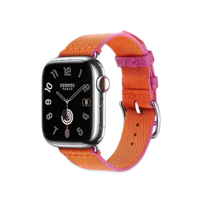 Apple Watch x Hermes Series 9 (GPS + Cellular Model) Stainless 41mm and Single Tour Twill Jump "Orange/Rose Mexico"