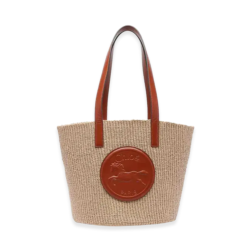 Chloe Women's Raffia Large Horse Medal Bucket Bag "Beige"