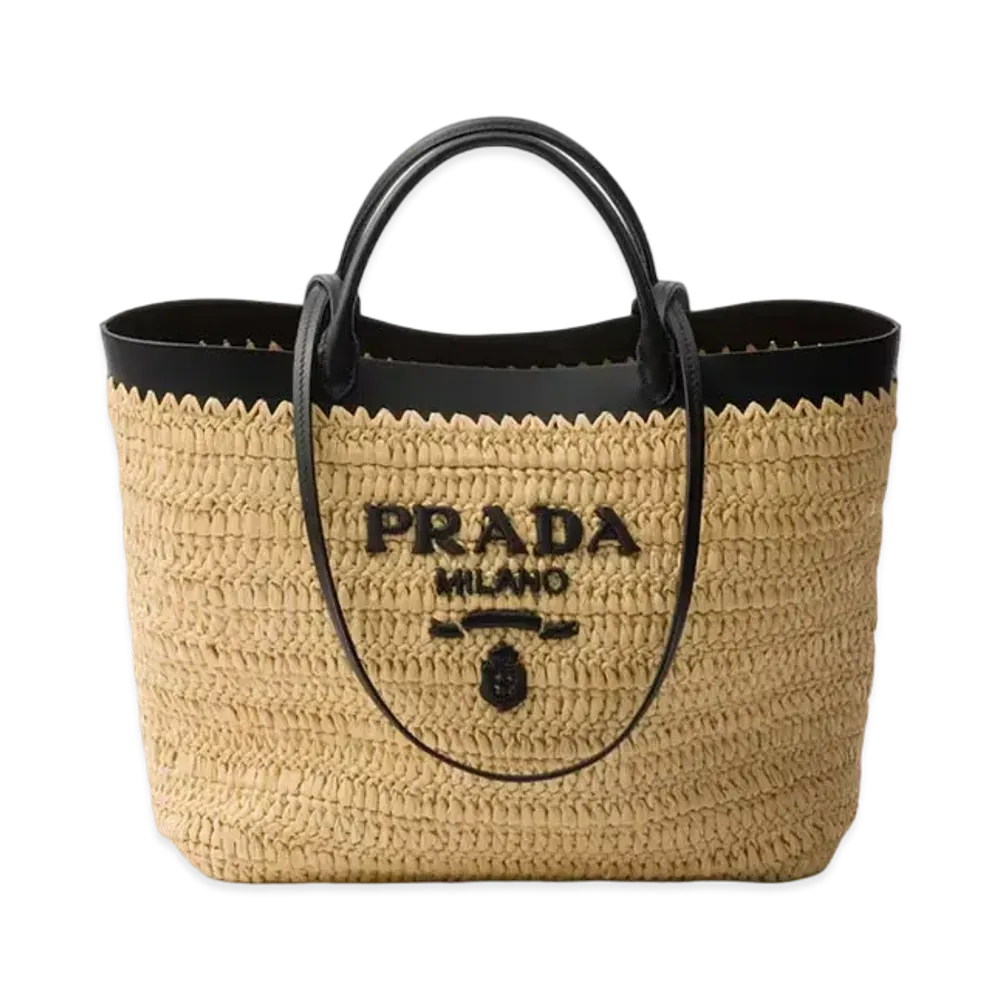 PRADA Medium Crochet and Leather Tote Bag "Beige/Black"