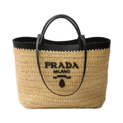 PRADA Medium Crochet and Leather Tote Bag "Beige/Black"