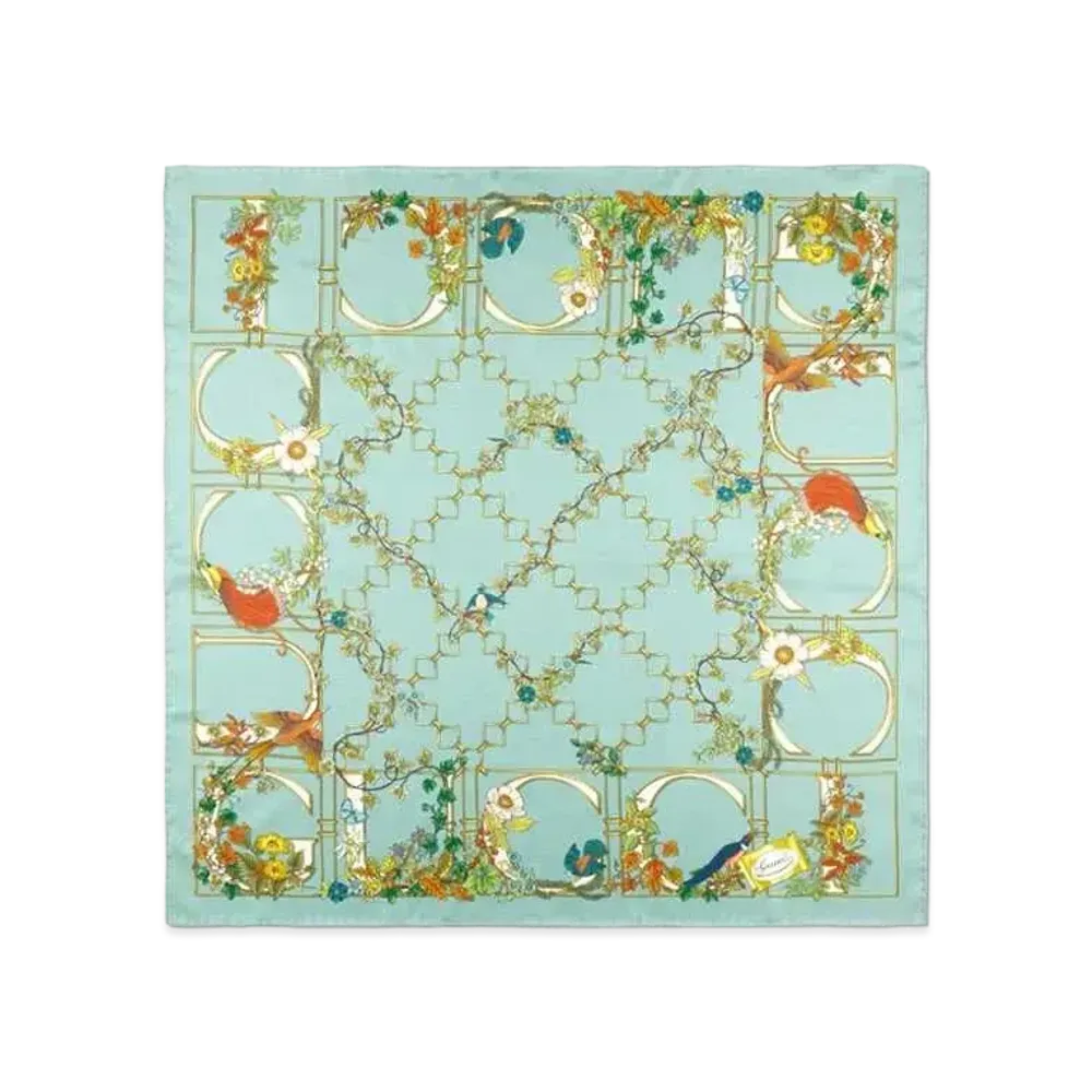 GUCCI Animal and Floral Print Silk Carre "Green/Multi Color"