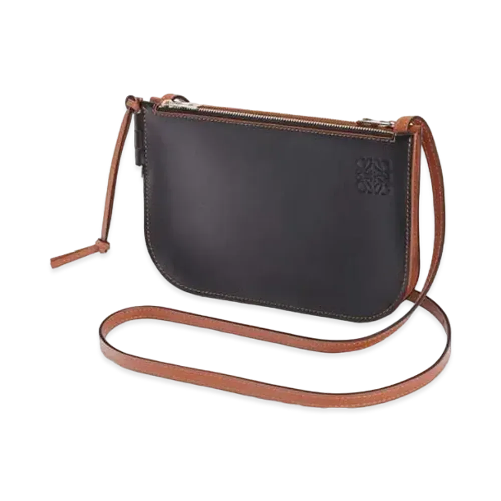 LOEWE Gate Double Zip Pouch In Soft Calfskin "Black / Tan"