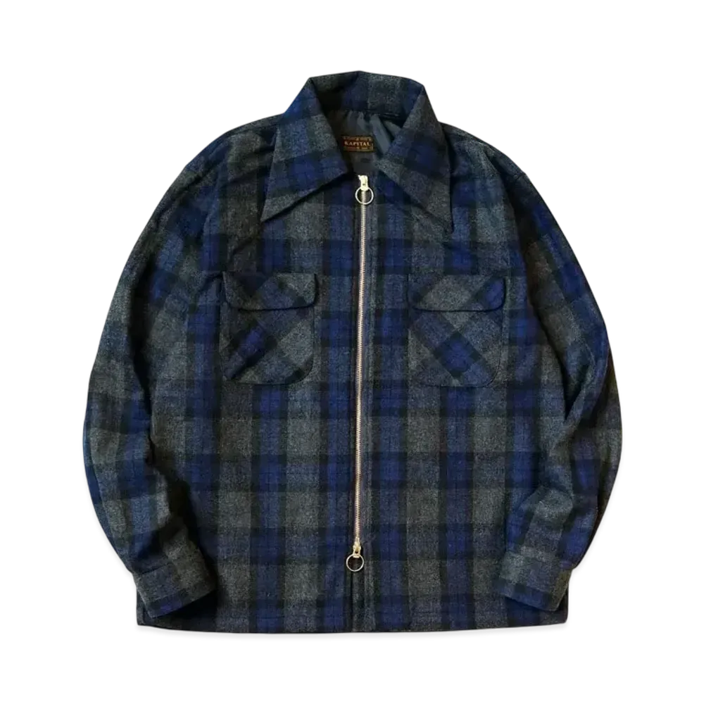 KAPITAL Wool Check Drizzle Open Collar Shirt "Navy"
