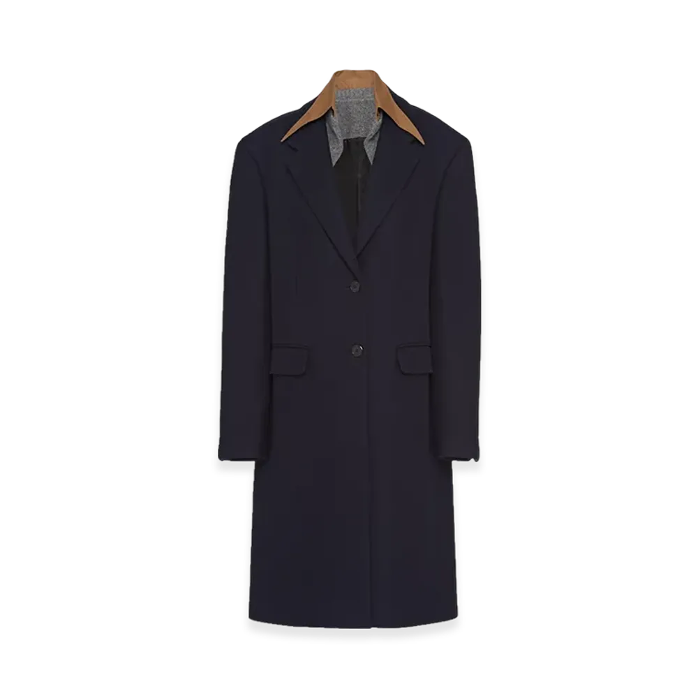 PRADA Women's Single-Breasted Cachemire Wool Coat Collar "Blue/Cork Beige"