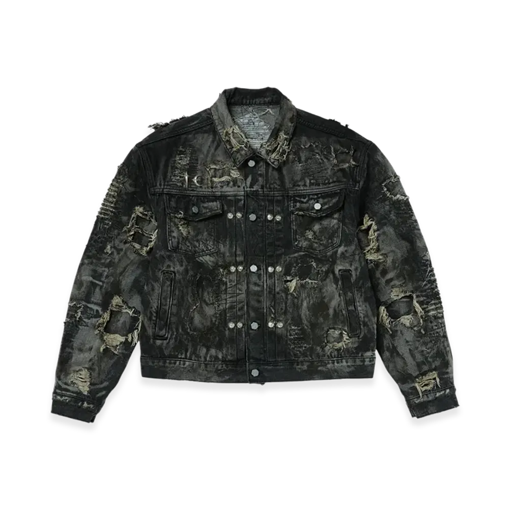 THUG CLUB Hard-Washed Damaged Denim Jacket "Black"