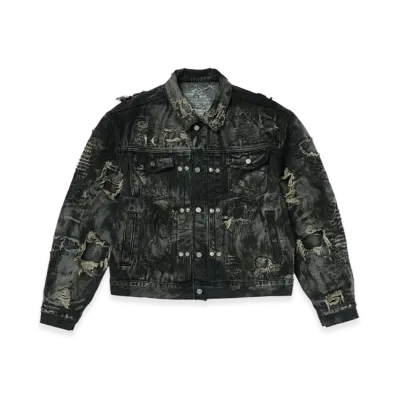 THUG CLUB Hard-Washed Damaged Denim Jacket "Black"
