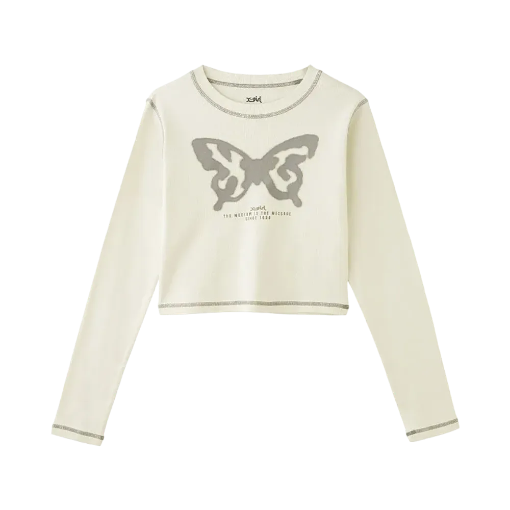 X-Girl Spray Butterfly Print L/S Baby Tee "Off White"