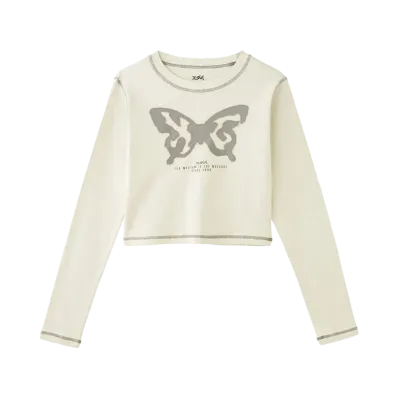 X-Girl Spray Butterfly Print L/S Baby Tee "Off White"