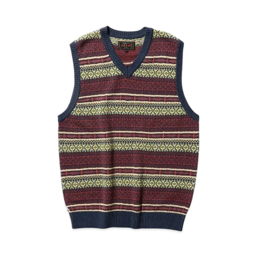 BEAMS Cotton (Linen) Vest Fair Isle Pattern "Navy"