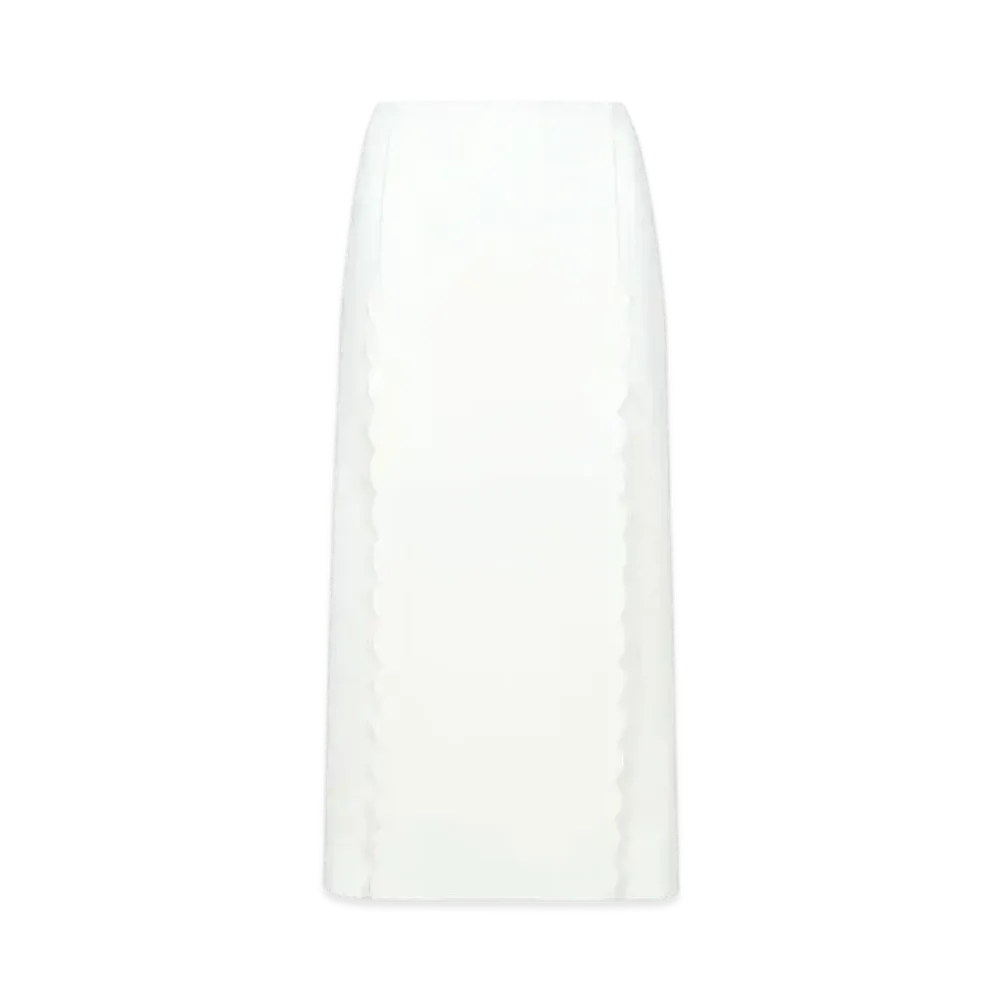 Chloe Scallop Embroidered Column Skirt In Fluid Viscose "Iconic Milk"