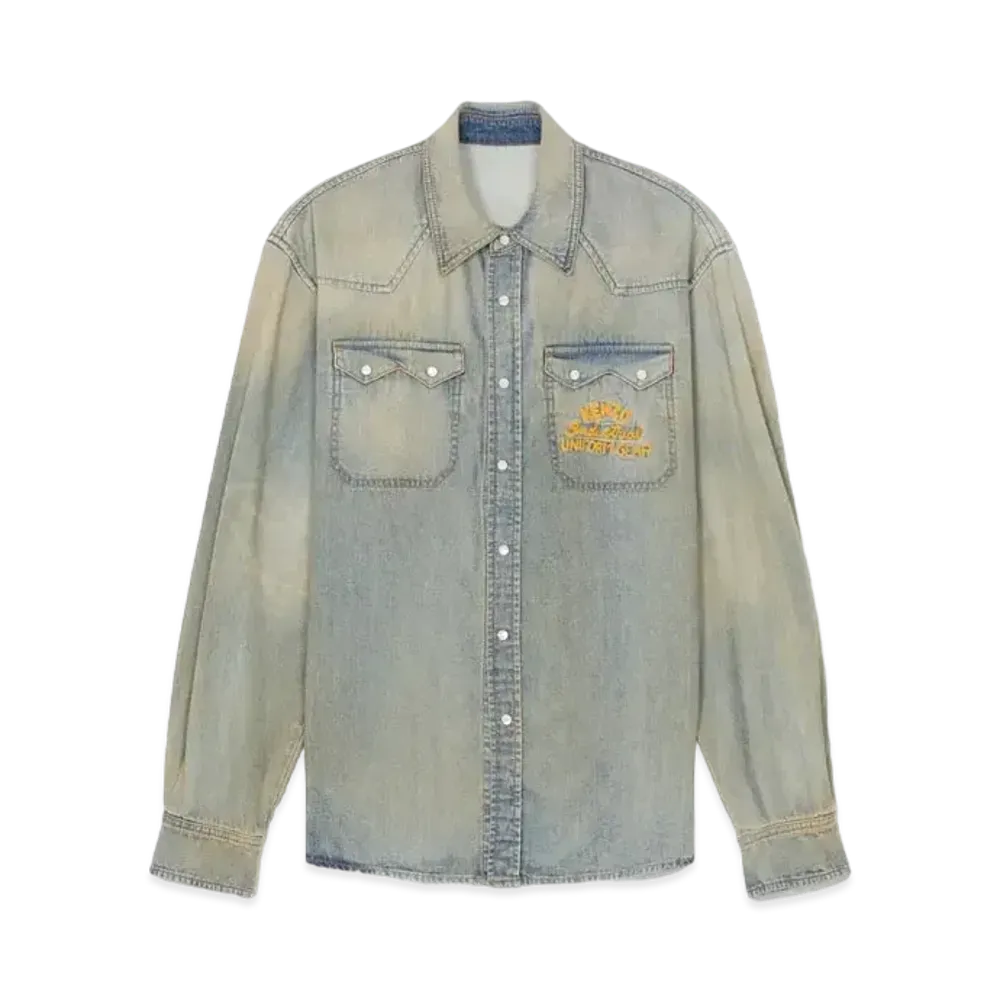 KENZO 'DRAWN VARSITY' Denim Western Shirt "Stone Bl Dirty Blue Denim"