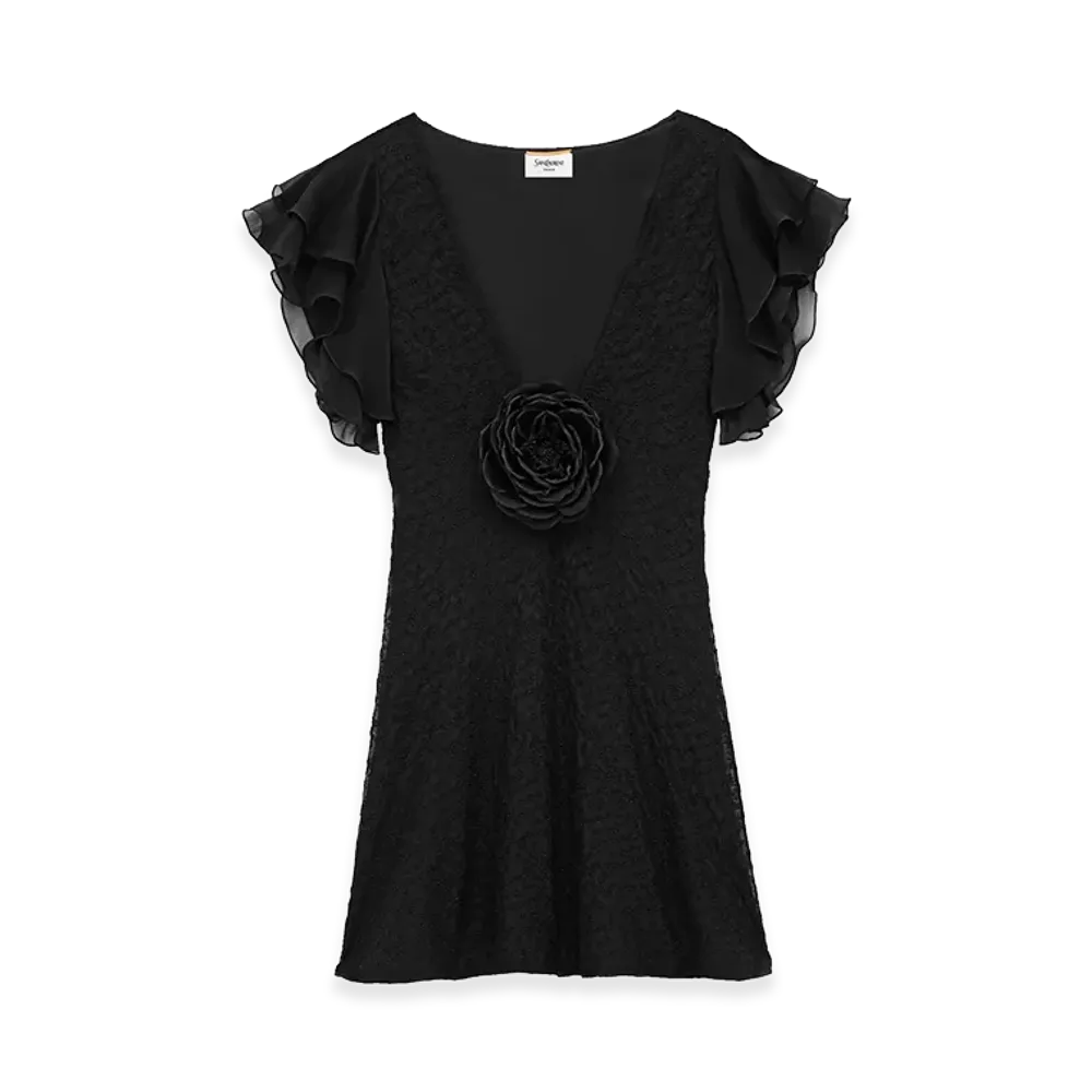 Saint Laurent Women's Abito Con Scollo A V In Mussola Ricamata "Black"