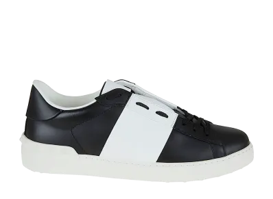 Valentino Garavani Open Leather Sneakers With Contrast Band And Stud Details "Nero/Bianco"
