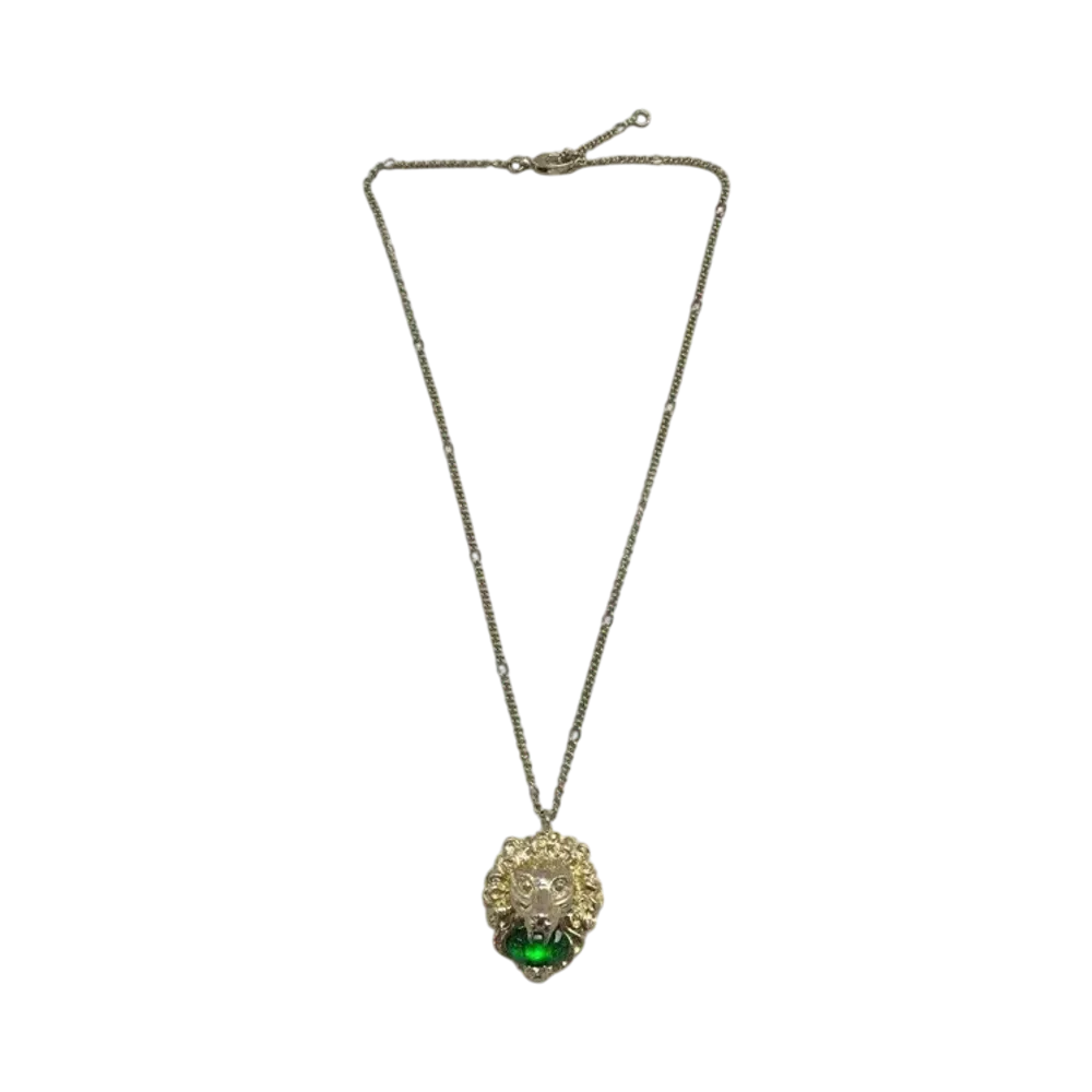 GUCCI Lion Head Rhinestone Necklace "Gold/Green"
