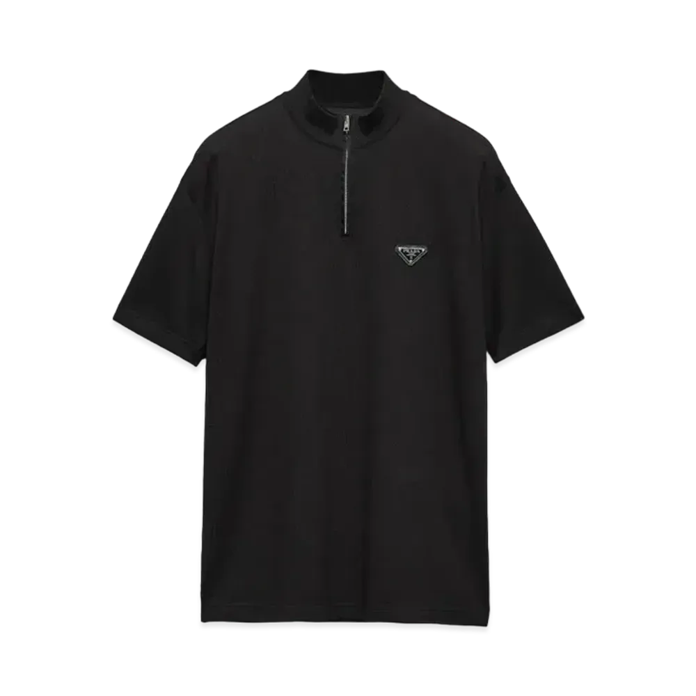 PRADA Men's Short-Sleeved Pique And Re-Nylon Mock Turtleneck "Black"
