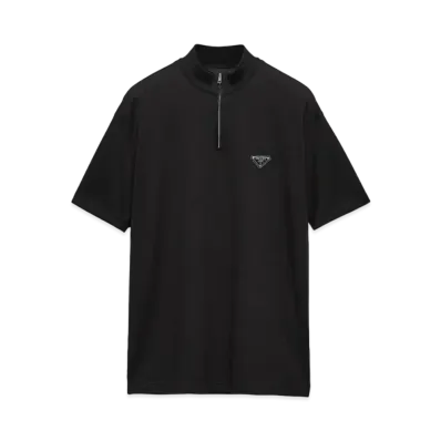 PRADA Men's Short-Sleeved Pique And Re-Nylon Mock Turtleneck "Black"