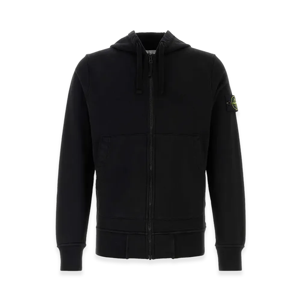 Stone Island Organic Cotton Fleece Hooded Zip-Up Sweatshirt "Black"