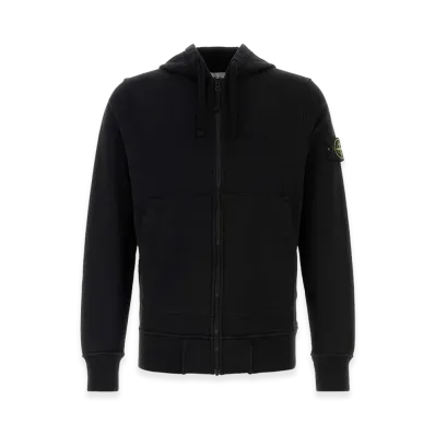 Stone Island Organic Cotton Fleece Hooded Zip-Up Sweatshirt "Black"