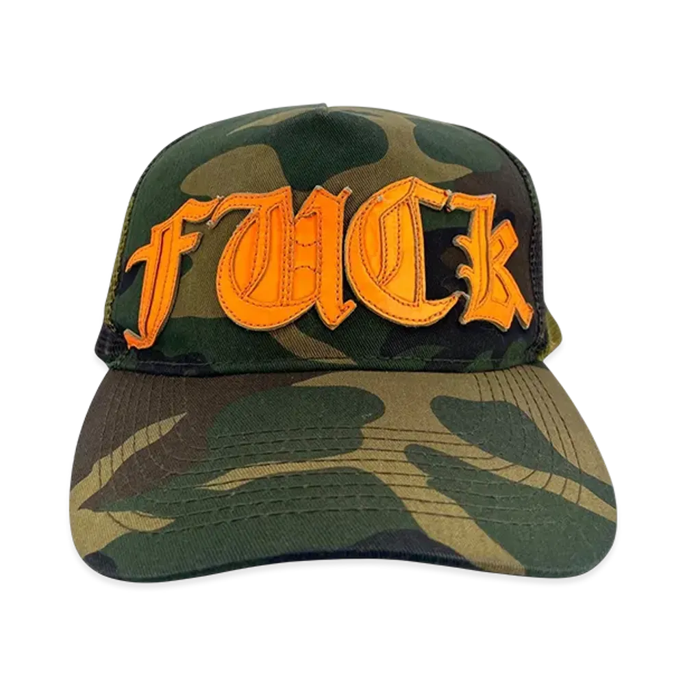 Chrome Hearts Trucker Cap Fuck Leather Patch Cross Ball Camouflage "Khaki/Orange"