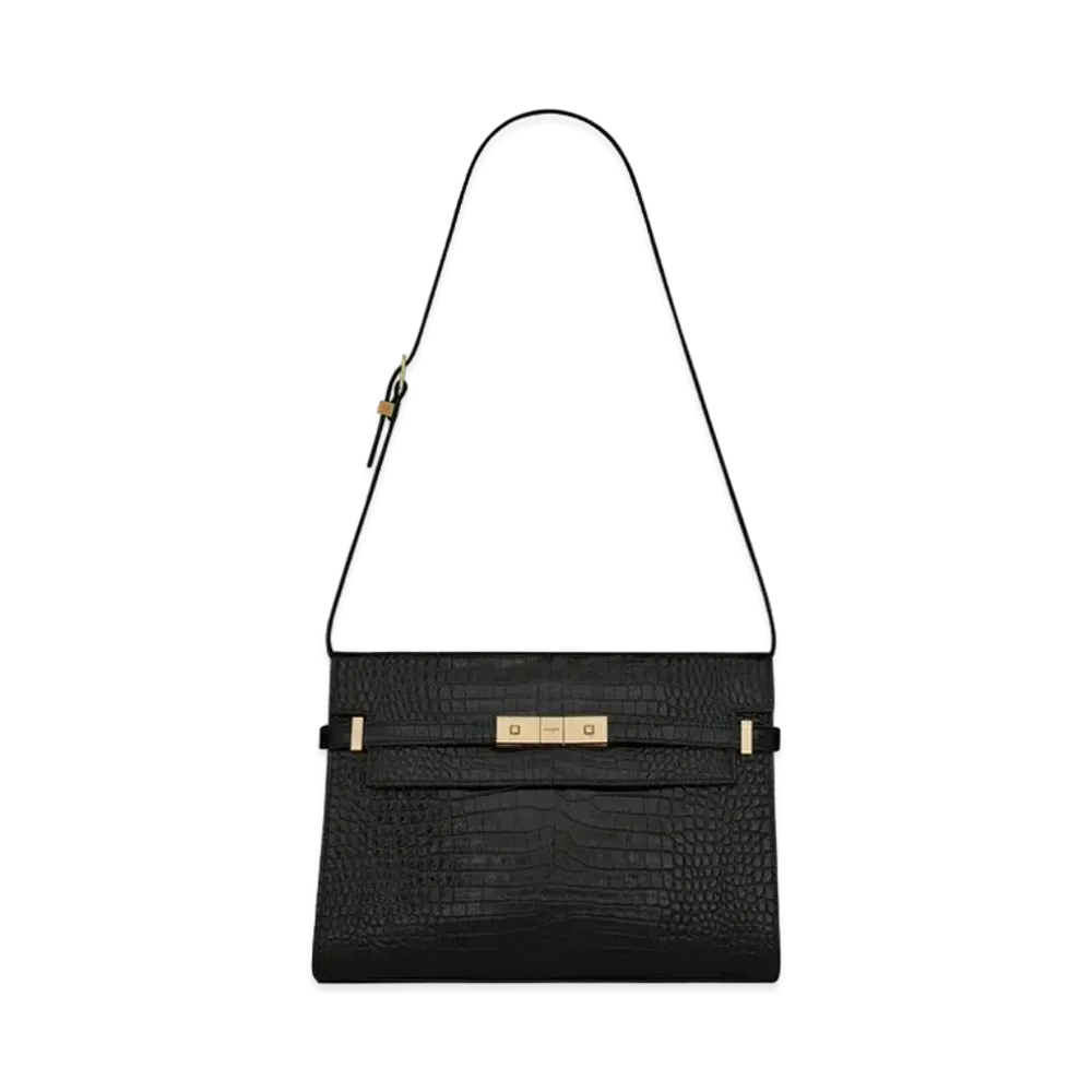 Saint Laurent Manhattan Shoulder Bag In Crocodile-Embossed Shiny Leather "Black"