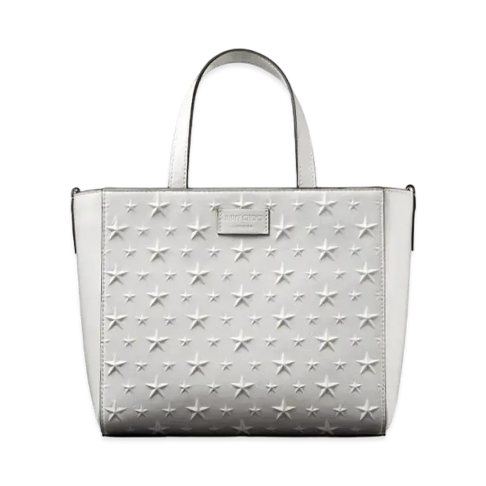 JIMMY CHOO PEGASI/S TOTE Star Emboss Glossy Fabric Small Tote Bag "Latte"