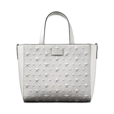 JIMMY CHOO PEGASI/S TOTE Star Emboss Glossy Fabric Small Tote Bag "Latte"
