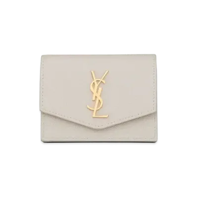 Saint Laurent Uptown Business-Card Case In Grain De Poudre Embossed Leather "Vintage White"