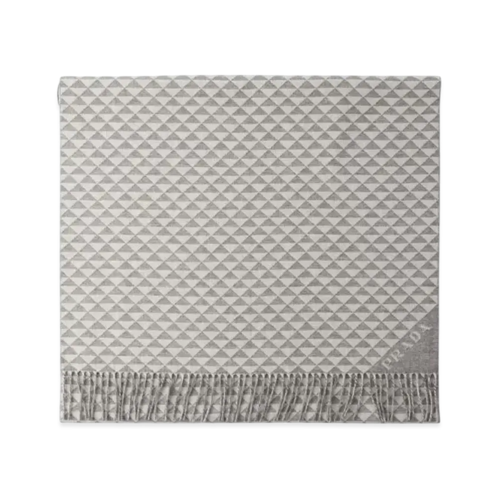 PRADA Symbole Double Wool and Cashmere Stole "Gray/White"
