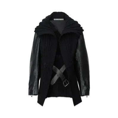 Alexander Wang Emboss Logo Knit Moto Sleeve Belted Coat "Black"