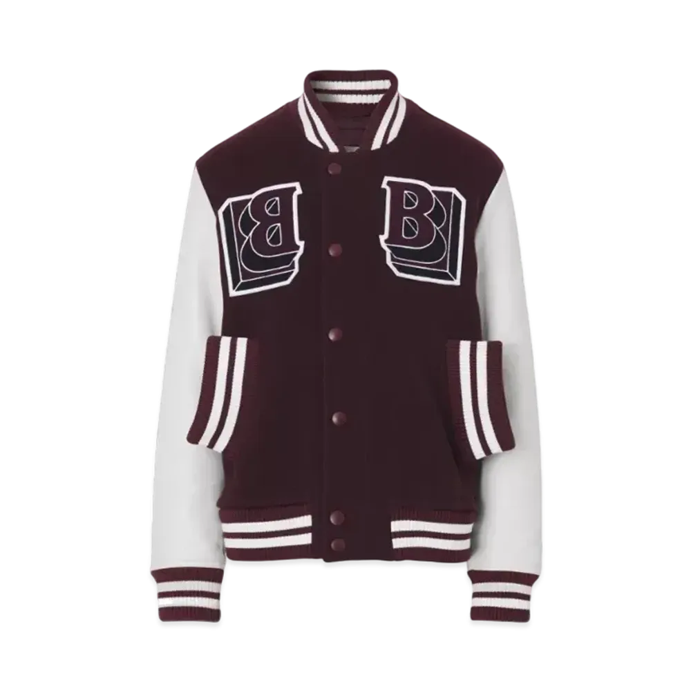 Burberry Men's Leather Sleeve Technical Wool Varsity Jacket "Deep Maroon"