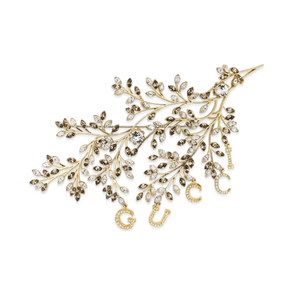 GUCCI Floral Brooch With Gucci Script