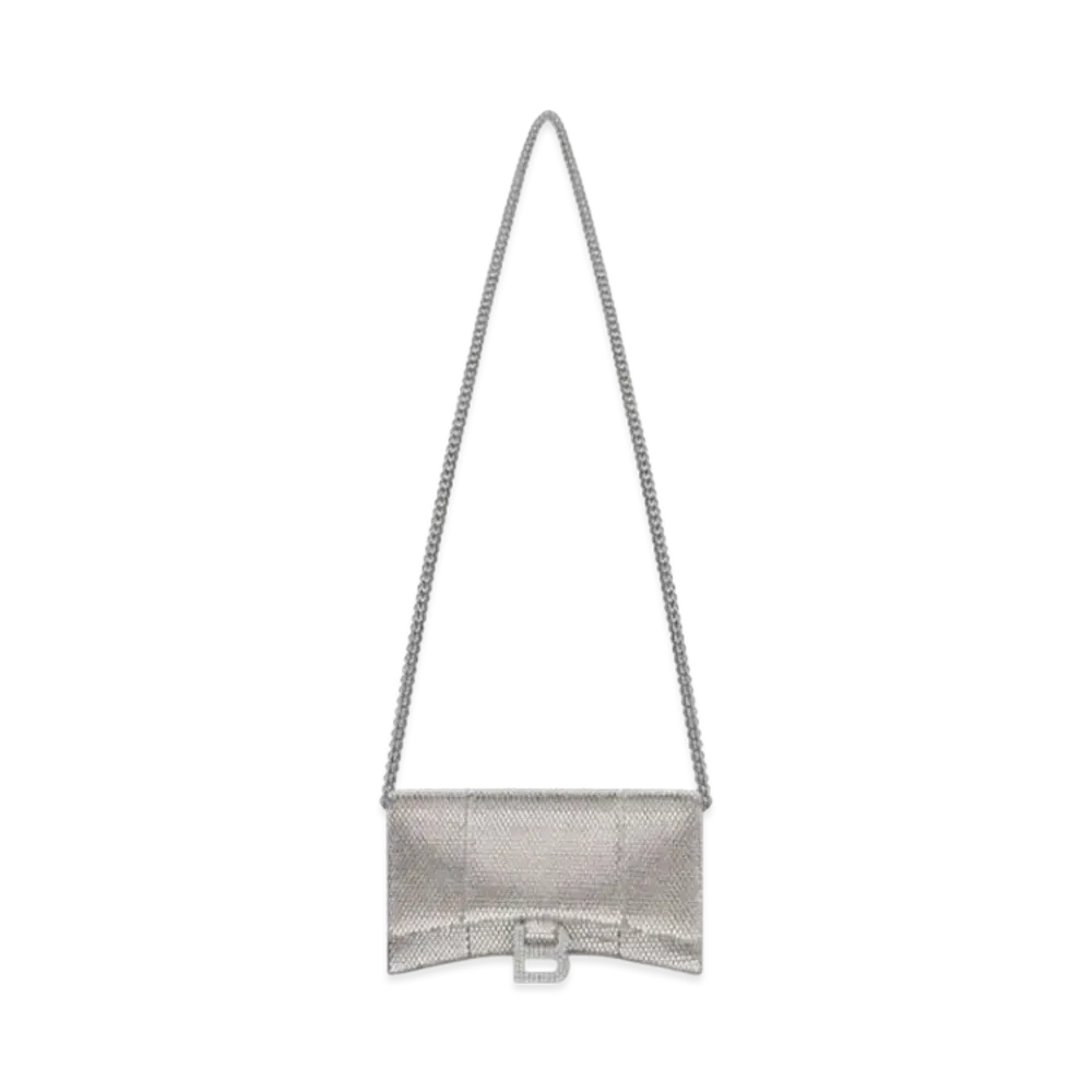 BALENCIAGA Hourglass Wallet With Chain In Suede Calfskin With Rhinestones "Gray"