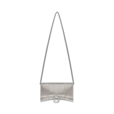 BALENCIAGA Hourglass Wallet With Chain In Suede Calfskin With Rhinestones "Gray"