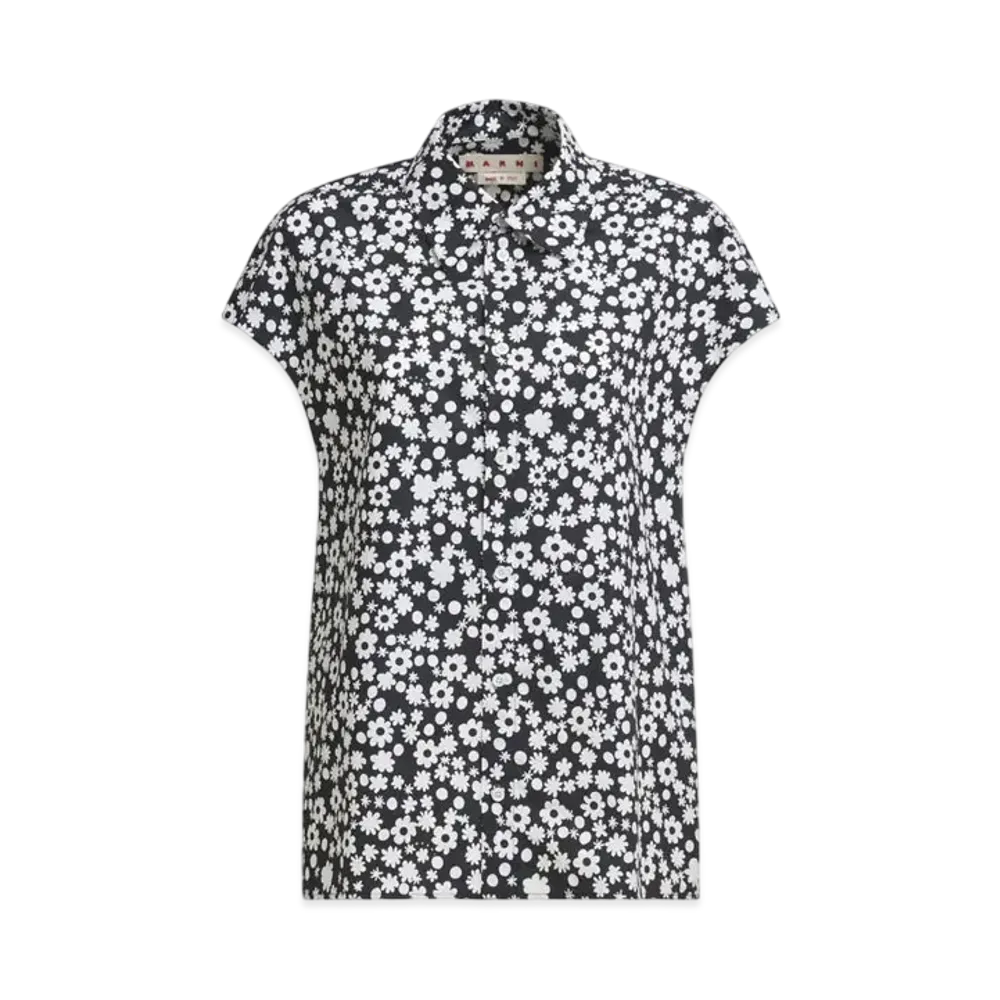 Marni Women's Sleeveless Cocoon Shirt with Pop Fields Motif "Black"