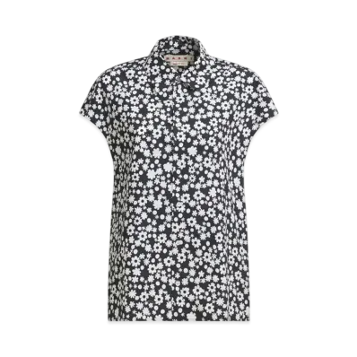 Marni Women's Sleeveless Cocoon Shirt with Pop Fields Motif "Black"