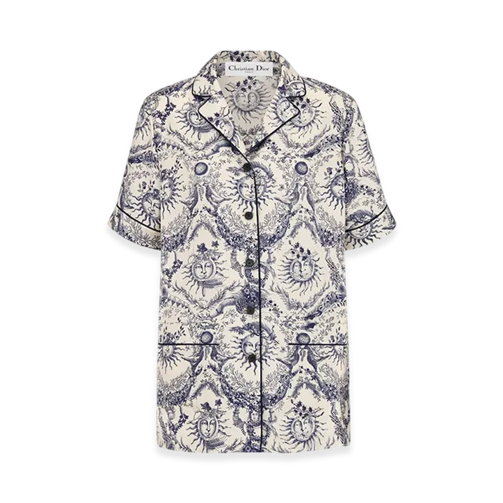 Dior Women's Short-Sleeved Shirt Soleil Silk Twill "White/Navy Blue"