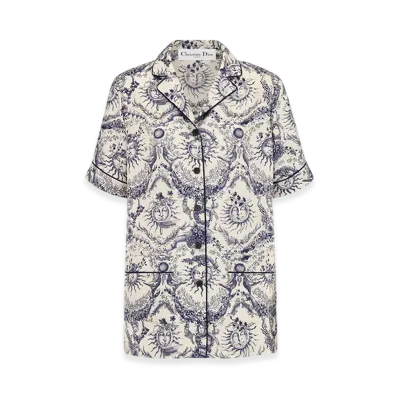Dior Women's Short-Sleeved Shirt Soleil Silk Twill "White/Navy Blue"