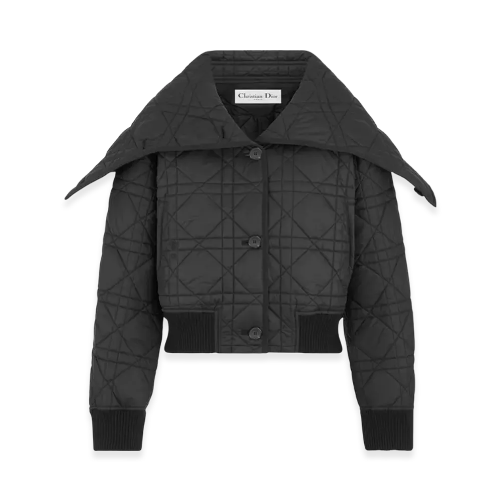 Dior Women's Quilted Technical Taffeta Macrocannage Bomber Jacket with Oversized Collar "Black"