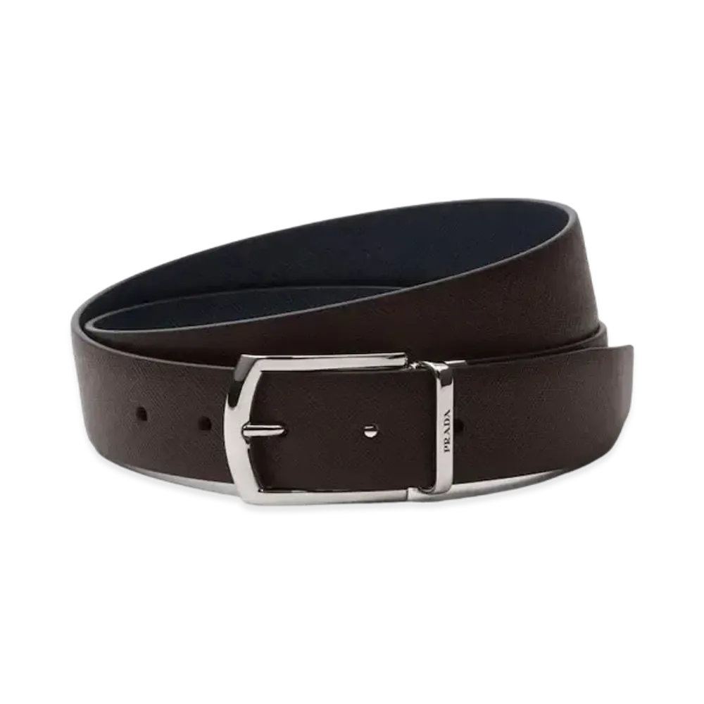 PRADA Reversible Saffiano Leather Belt "Dark Brown/Navy"