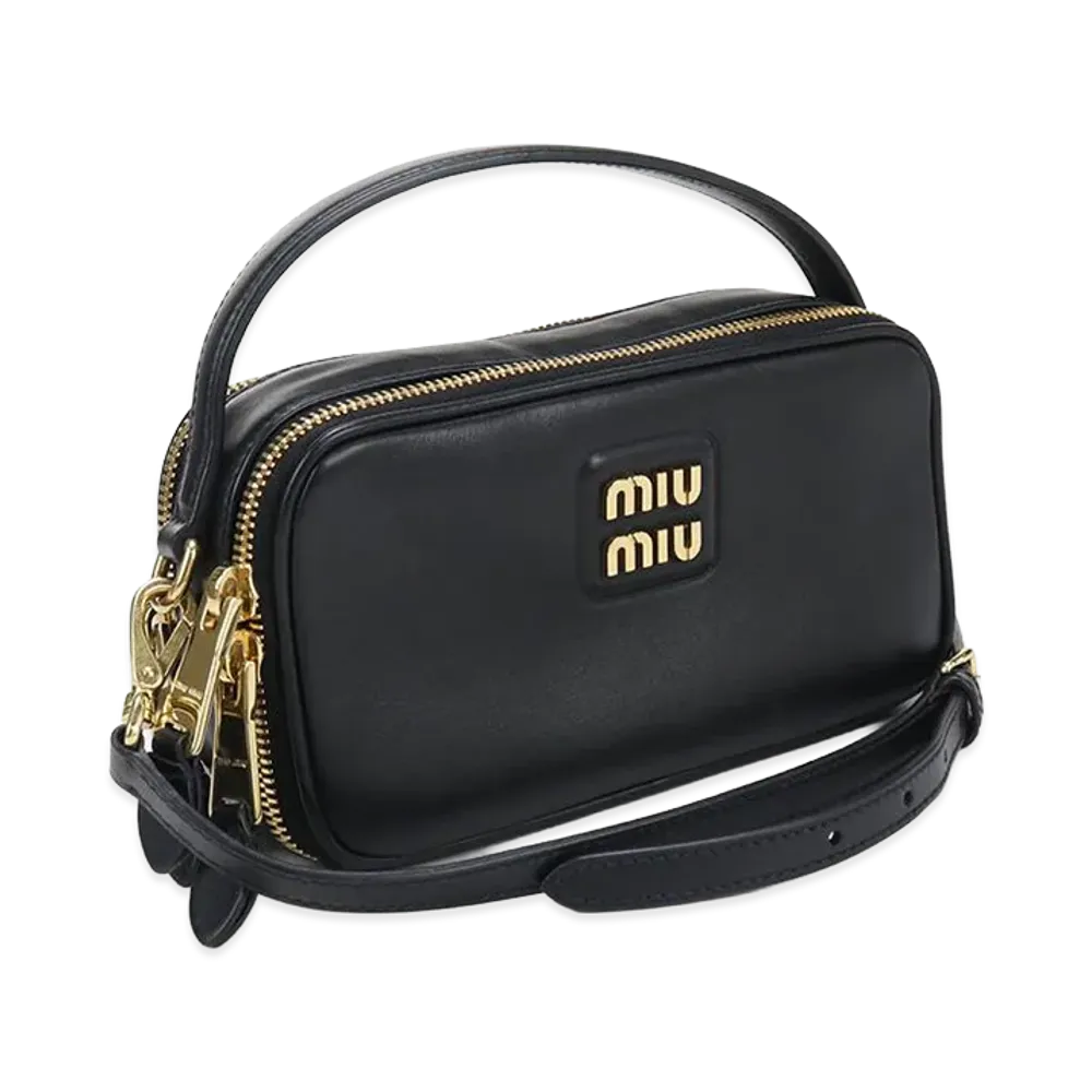 MIU MIU Logo Double Zip Top Handle Crossbody Bag Leather "Black"