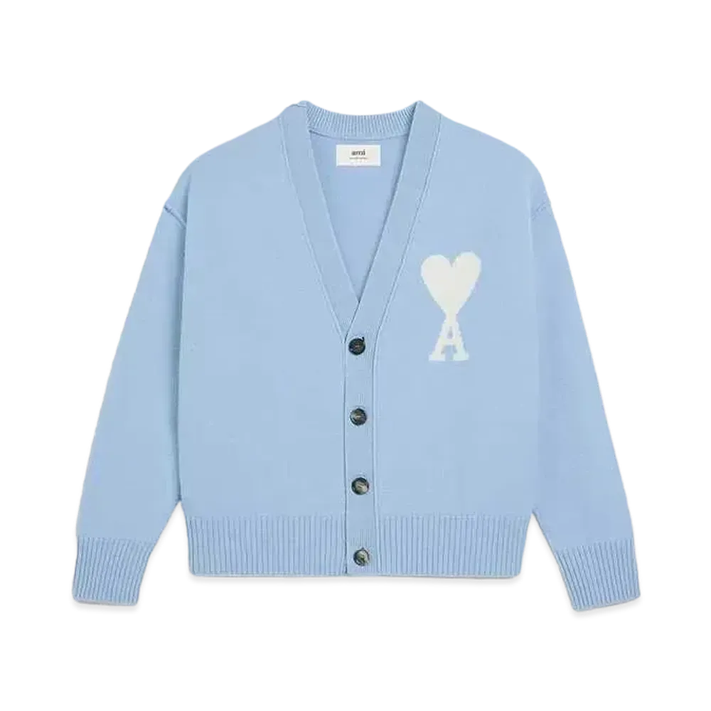 AMI PARIS Merino Wool Felt Cardigan "Cashmere Blue & Off White"