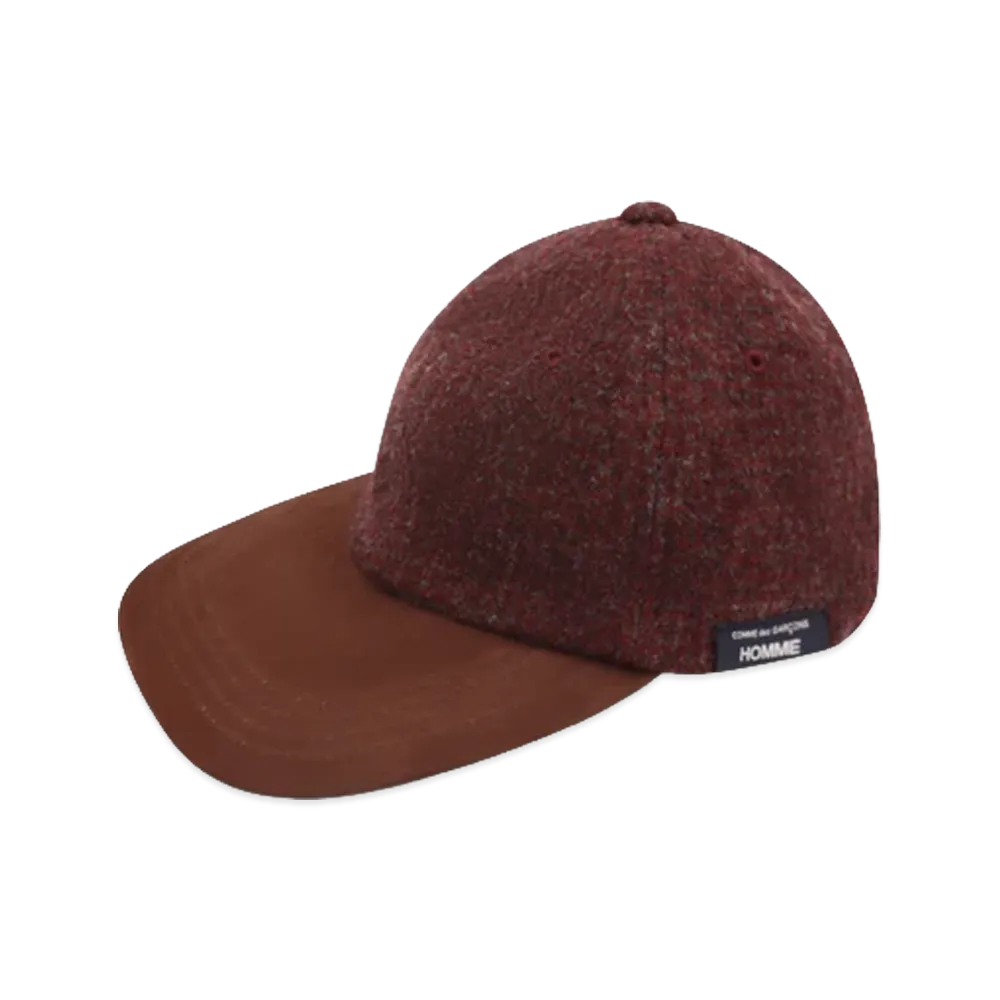 COMME des GARCONS HOMME Wool Herringbone Fabric Fulled x Leather Hats "Burgundy/Brown"