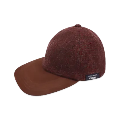 COMME des GARCONS HOMME Wool Herringbone Fabric Fulled x Leather Hats "Burgundy/Brown"