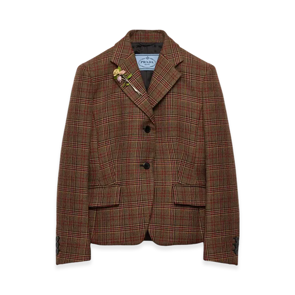 PRADA Women's Single-Breasted Prince of Wales Checked Jacket "Red"