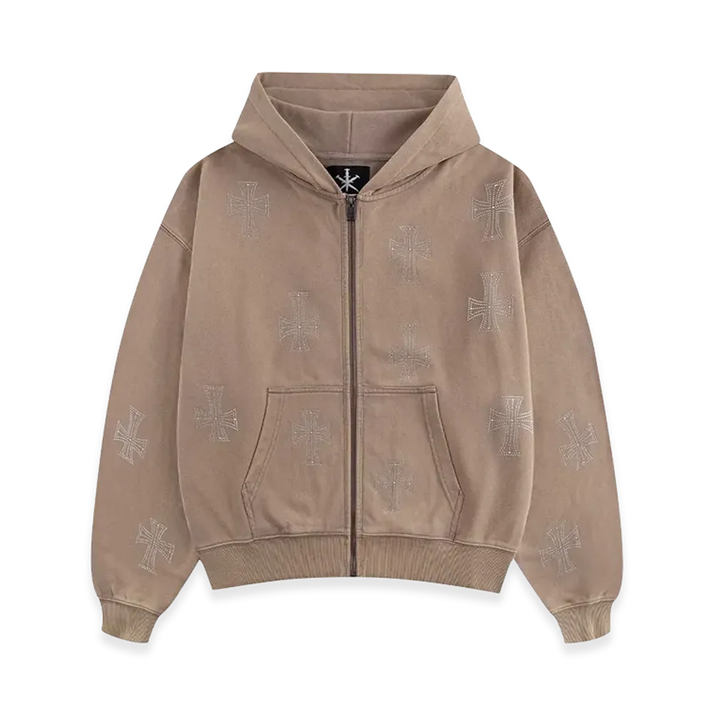 Unknown London Outline Cross Rhinestone Zip Hoodie "Beige"