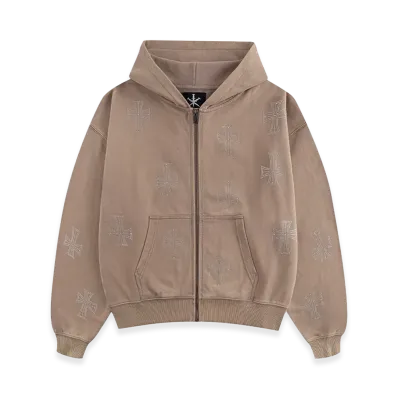 Unknown London Outline Cross Rhinestone Zip Hoodie "Beige"