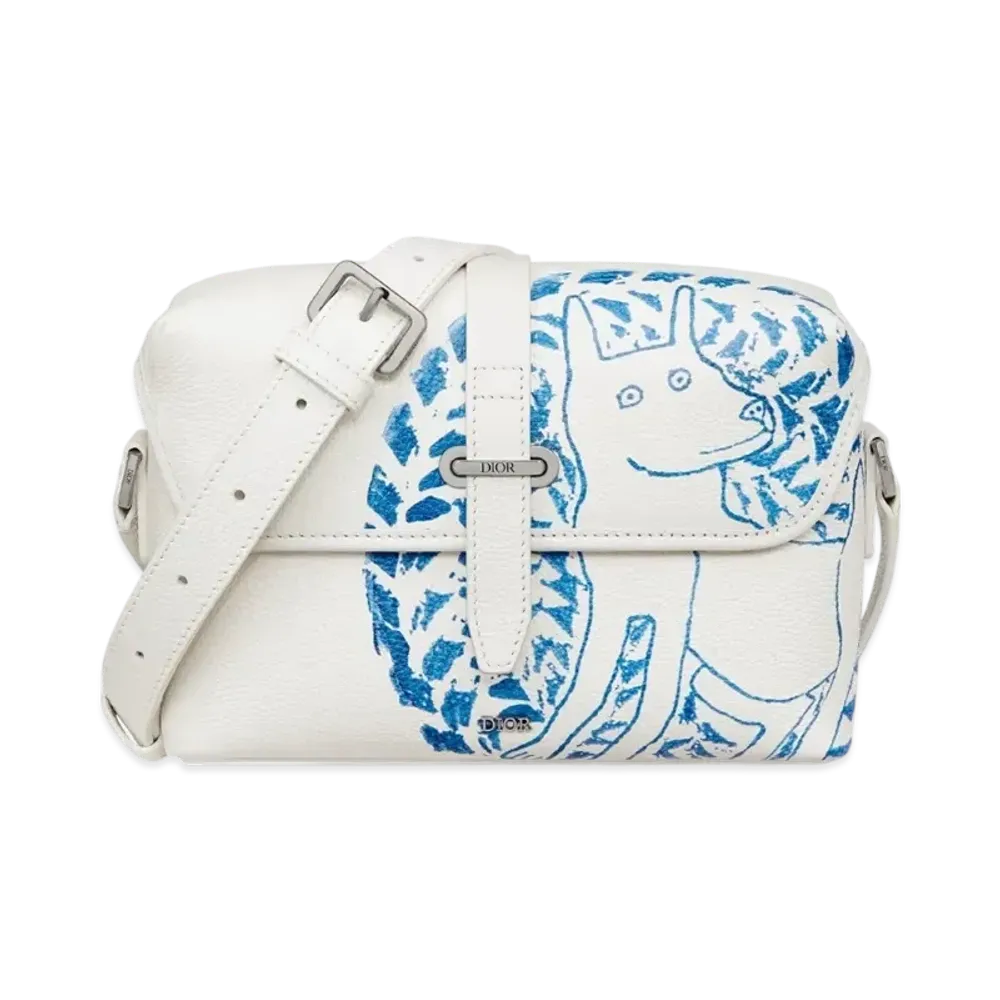 Dior and Hylton Nel Dior Normandie Messenger Bag with Flap Grained Calfskin with Print "White/Blue"