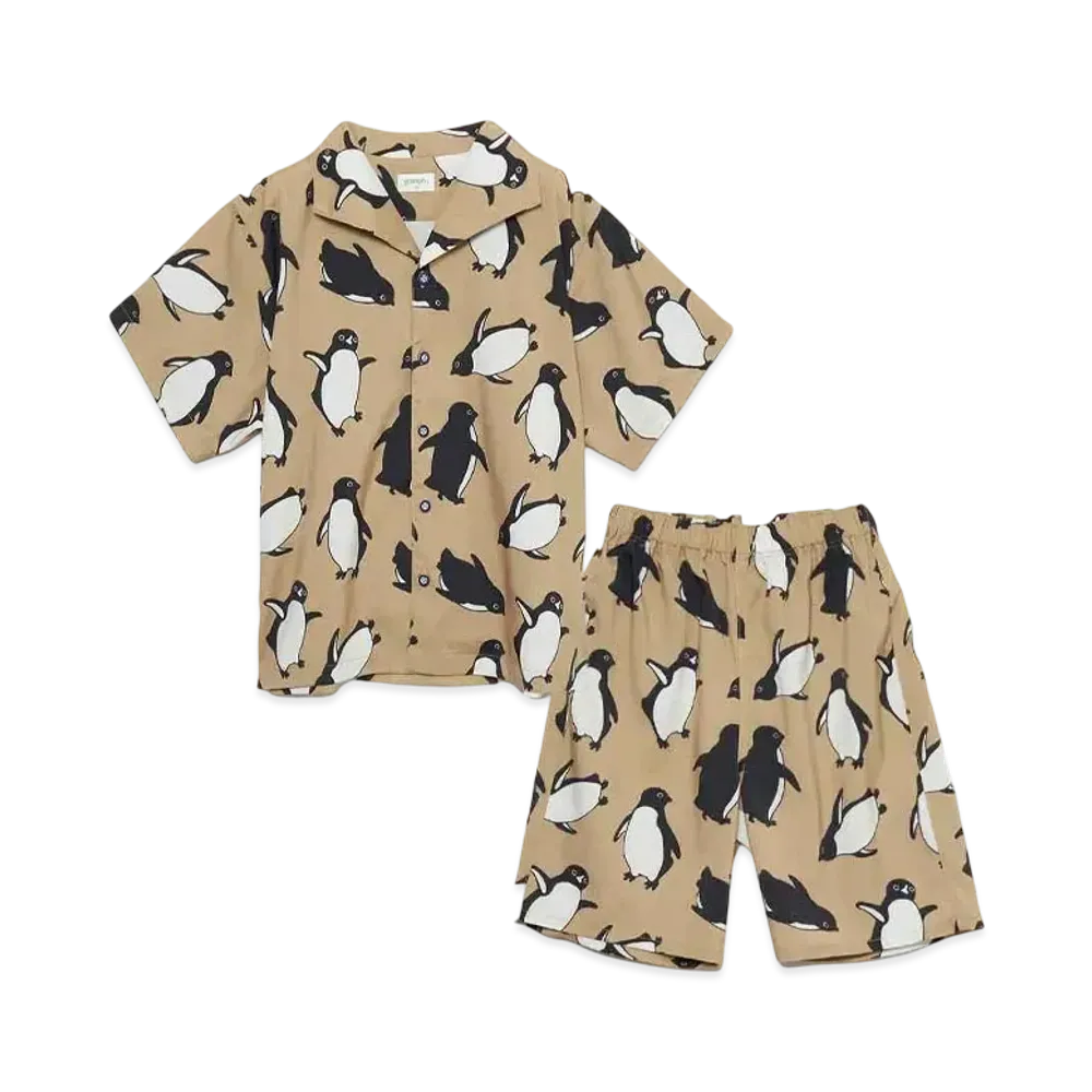 graniph x Chiharu Sakazaki Penguin Pattern Kids Shirt & Shorts Set "Beige"